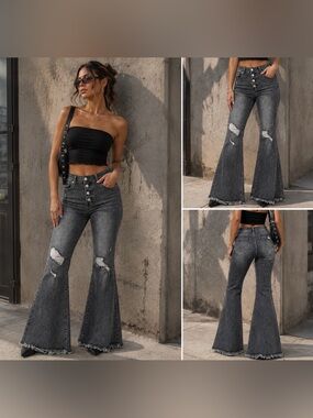 RISEN JEANS High Rise Button Fly Distressed Flare Jeans Gray Faded Black Wash